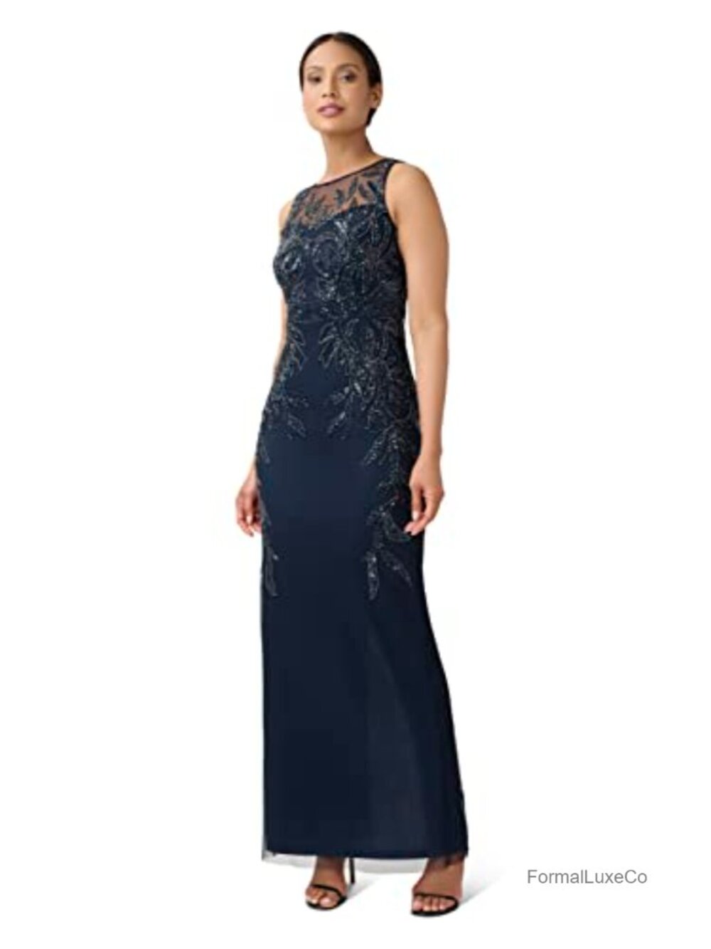 Adrianna Papell Beaded Column Gown High Neck Sleeveless Slim Fit Formal